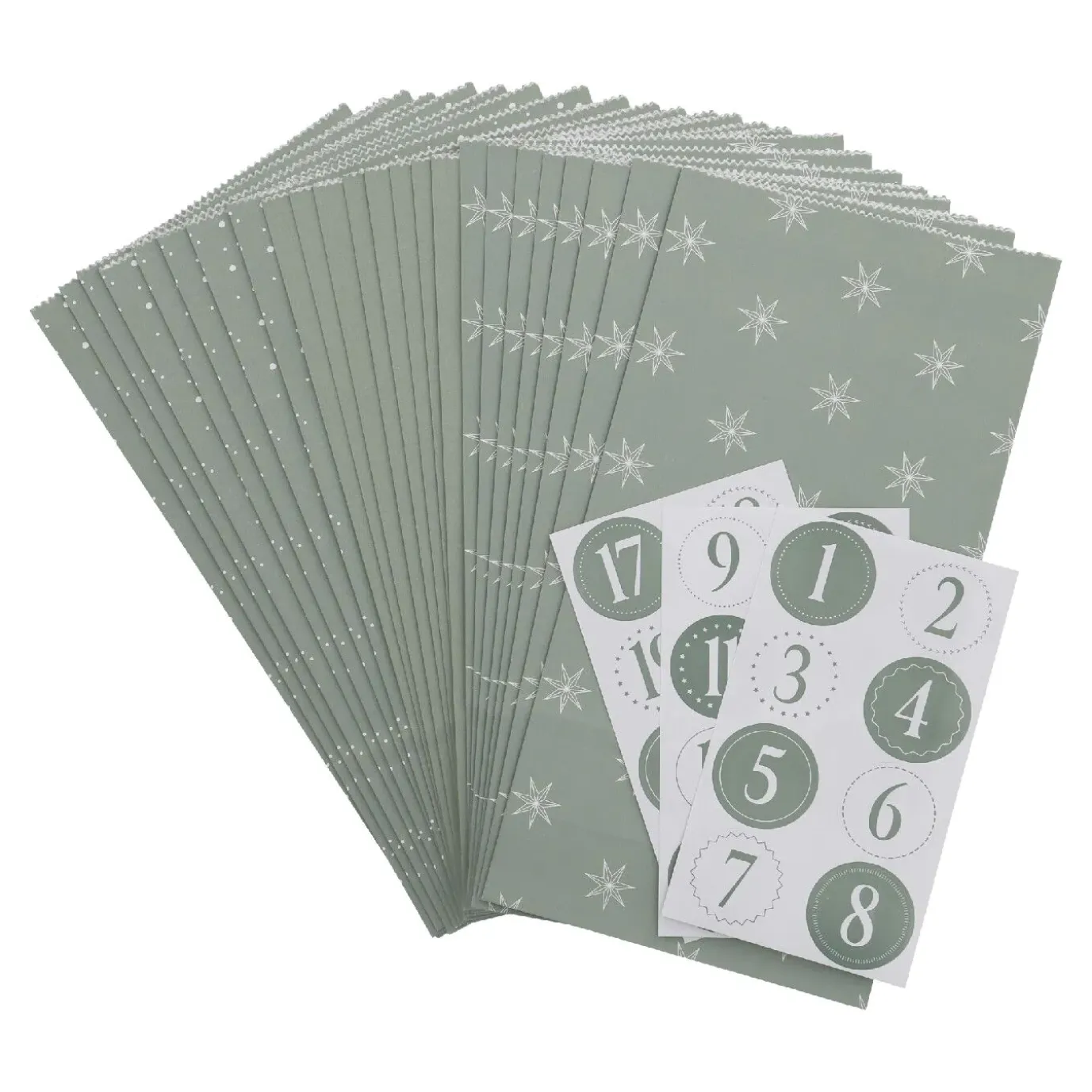 Adventskalender-Set, Tüten/Sticker, Salbei/weiß