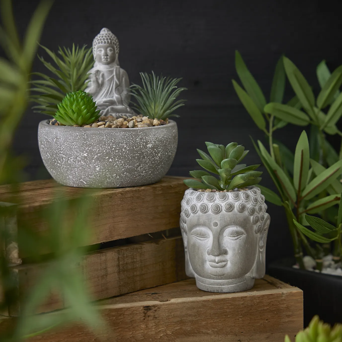 Deko-Objekt Buddha Mit Sukkulente, Grau/grün, 12 Cm