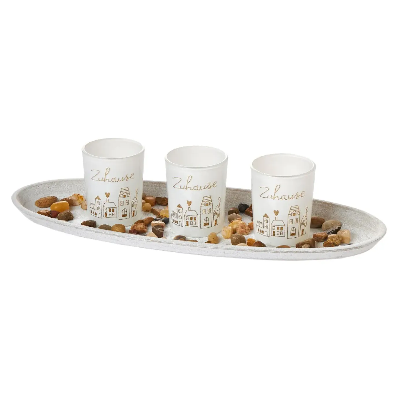 Deko-Tablett Zuhause Mit 3 Windlichtern, Gold