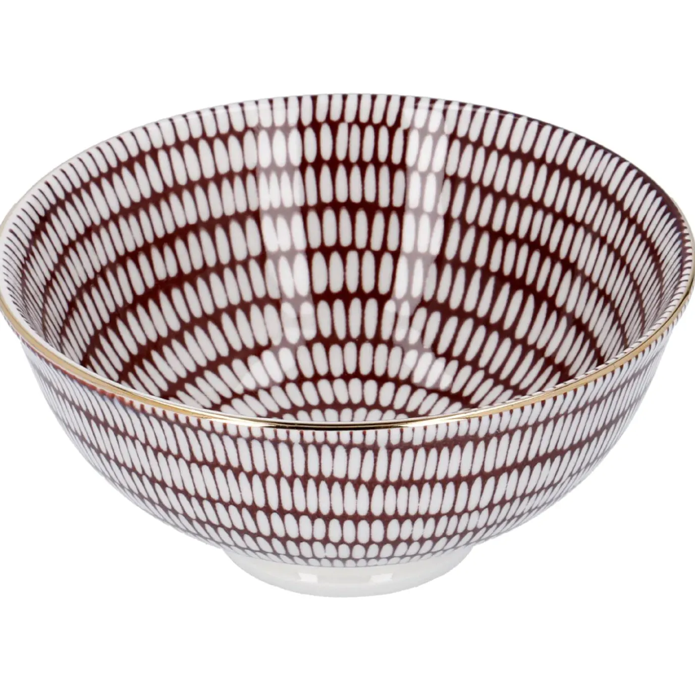 Schale China, Tief, Bordeaux/weiß, Goldrand, Stäbchen/Kreis